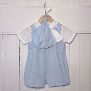 PETIT AMI EUC Boys Classic Peter Pan Collar Blouse Jon Jon Bonnet Matching Set